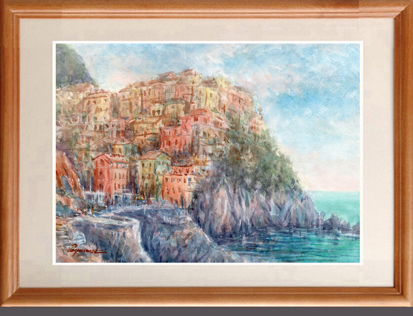 水彩画原画「マナローラ・イタリア」＃664 水彩画原画 断崖に立つマナローナの街・イタリア ＃664 | iichi