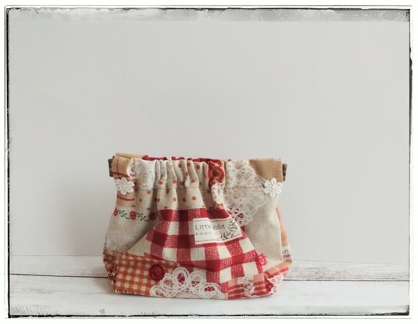 リネン雑貨　バネ口ポーチ　カントリーチェック　