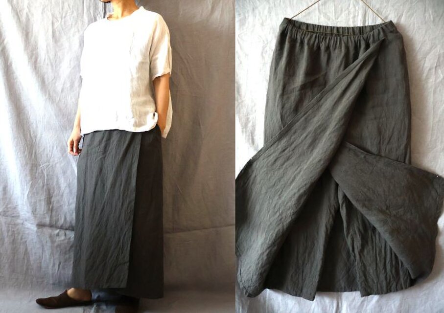 【受注制作】濃チャコールグレー/天日干しリネン　巻きスカートパンツ