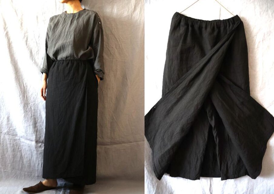 【受注制作】黒/天日干しリネン　巻きスカートパンツ