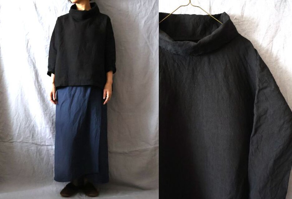【受注制作】黒/天日干し40リネン　オフタートルゆるり長袖プル