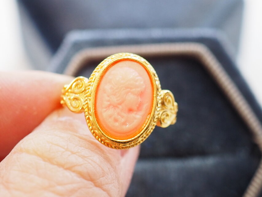 ヨーロッパアンティーク リング カメオ ピンクオレンジ フリーサイズ