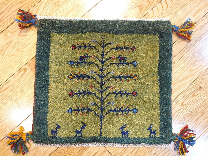 ペルシャ　ギャッベ　ミニマット　横42x38㎝　生命の木　黄緑色　緑色　T7909