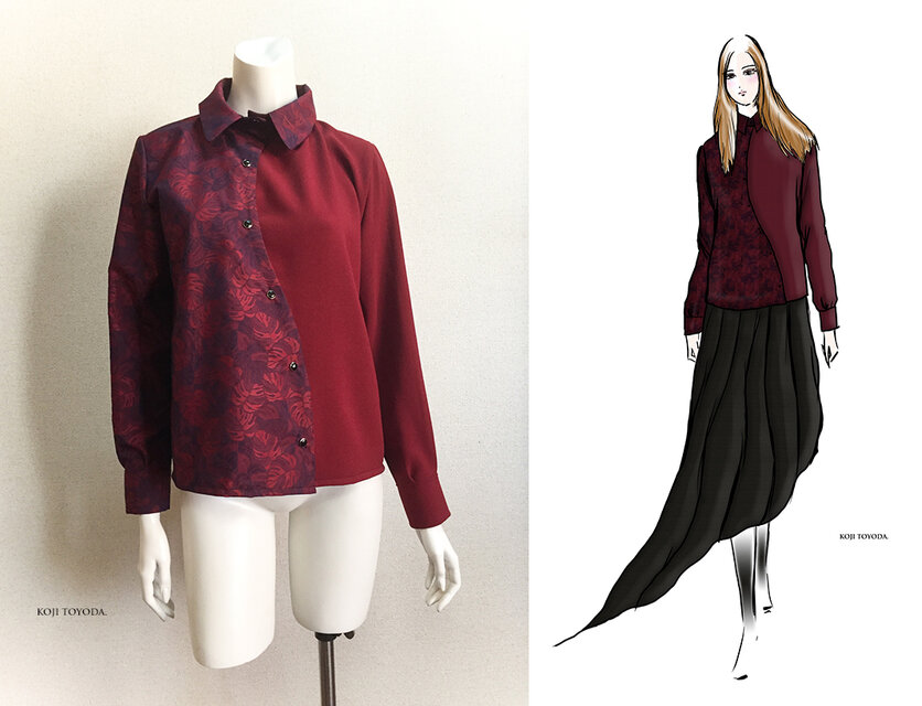 【1点もの・デザイン画付き】播州織＆フランス製生地アシメトリー湾曲ブラウス（KOJI TOYODA）
