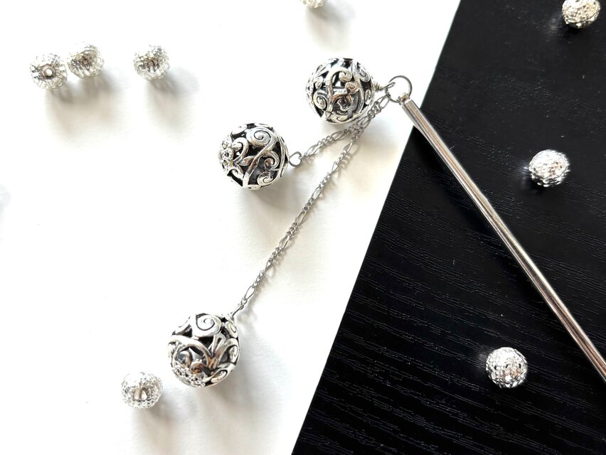 かんざし　アジアンシルバー透かしボールビーズ３連　和風　アンティーク風　一本挿し　一本簪　夏　