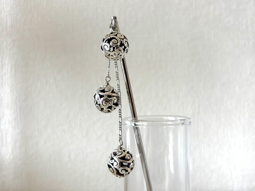 かんざし アジアンシルバー透かしボールビーズ3連 和風 アンティーク