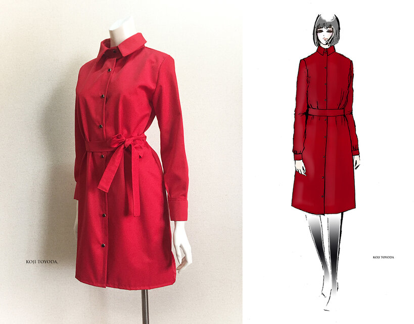 【1点もの・デザイン画付き】綿ポリレッド生地シャツ型ワンピース（KOJI TOYODA）