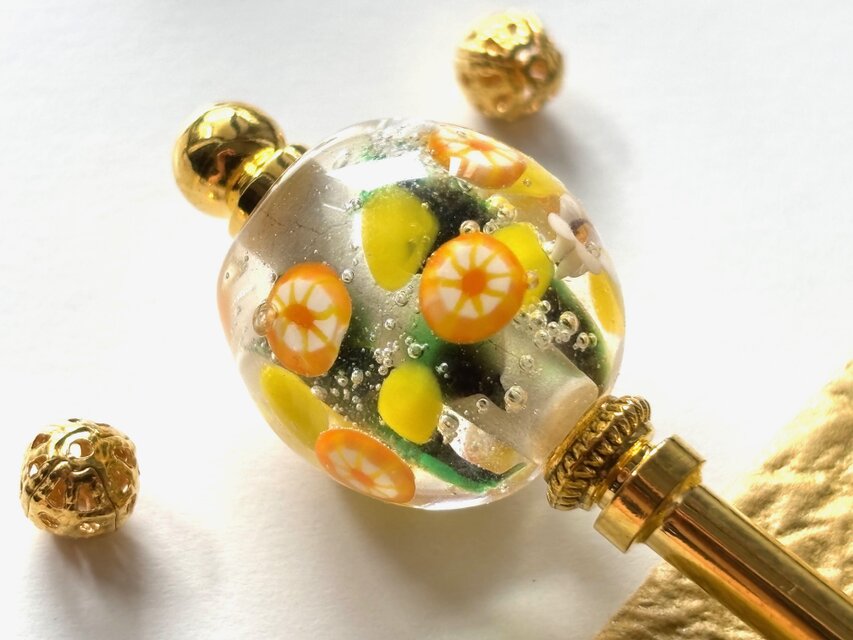 かんざし　オレンジとレモンのとんぼ玉　フルーツ　一本簪　一本挿し　ガラス　洋風　夏　黄色　イエロー　ゴールド