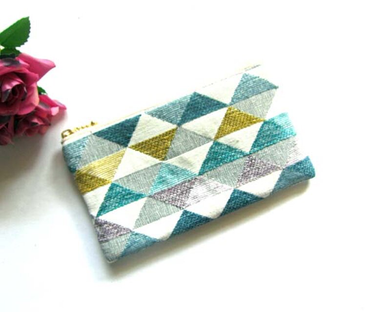 スペイン生地　トライアングルの　清陵ポーチ（MS)ブルー　キーケース　コスメ入れ　薬入れ