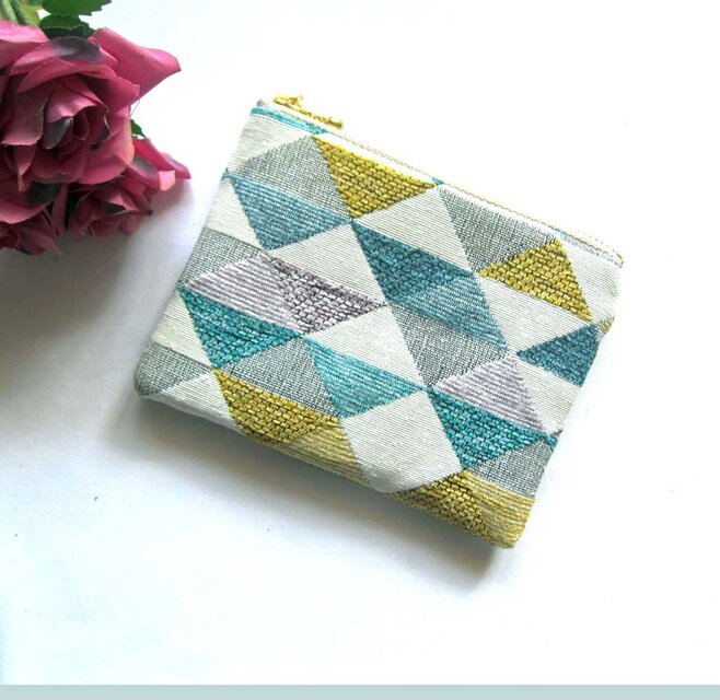 スペイン生地　トライアングルの　清陵ポーチ（S)ブルー　キーケース　コスメ入れ　薬入れ