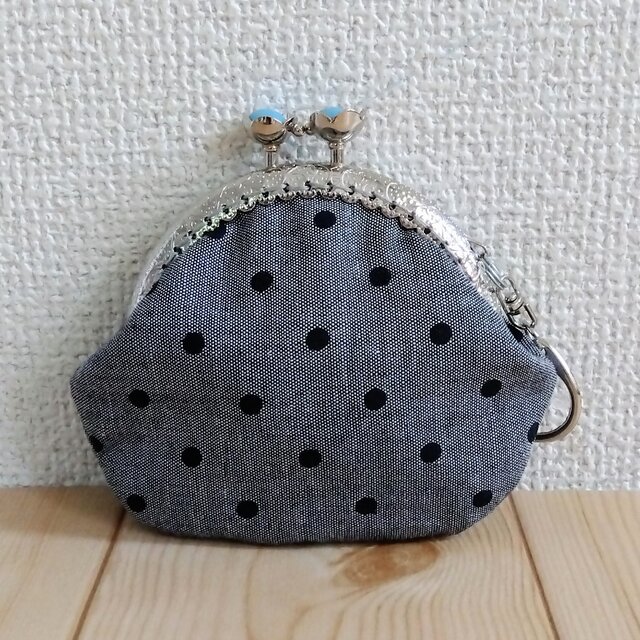 がま口ミニポーチ　コインケース　キーホルダー　8.5cm口金　アクセサリーケース　ドット　ダンガリー　ブラック系　　226