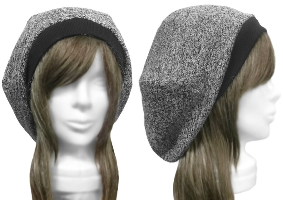 ゆったりルーズ・リブ付ベレー帽◆ハーフリネンガーゼニット／グレー×ブラック　◇小顔効果・オールシーズン着用◇