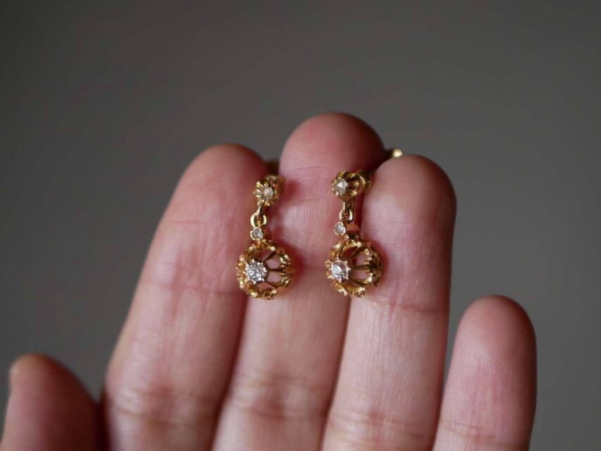 FE-15 】フランスアンティーク K18 ダイヤモンド イヤリング