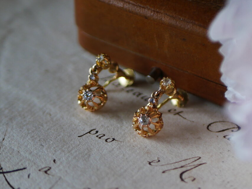 FE-15 】フランスアンティーク K18 ダイヤモンド イヤリング
