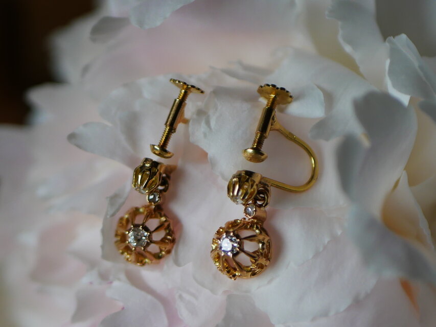 FE-15 】フランスアンティーク K18 ダイヤモンド イヤリング