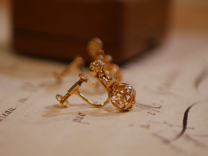 FE-15 】フランスアンティーク K18 ダイヤモンド イヤリング