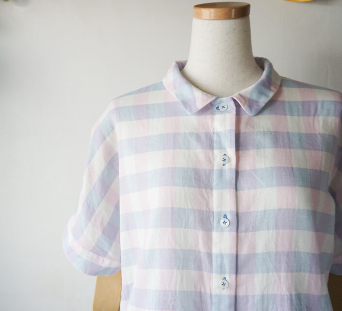 Wガーゼのドルマンスリーブブラウス(ブロックチェック柄)