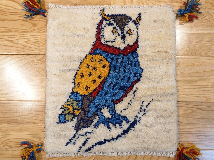 ペルシャ　ギャッベ　ミニマット　ラグ　36x39.5㎝　フクロウ　T5494