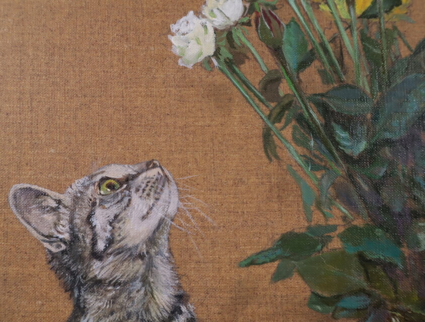 油絵「薔薇と猫」 | iichi 日々の暮らしを心地よくするハンドメイドや