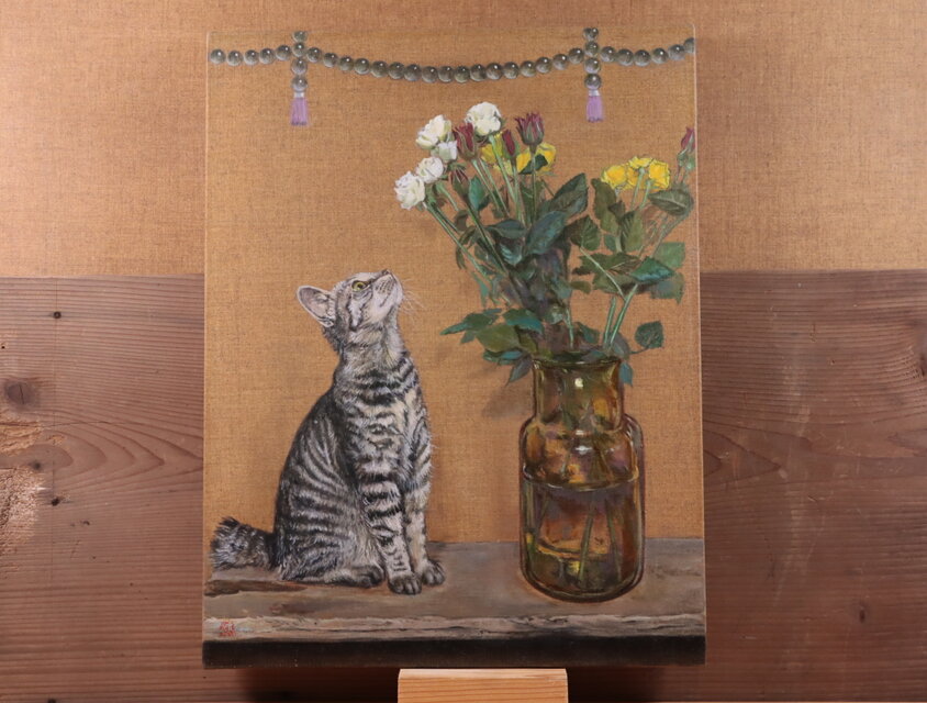 油絵「薔薇と猫」 | iichi 日々の暮らしを心地よくするハンドメイドや