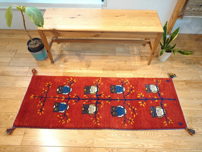 ペルシャ　ギャッベ ランナー中　ラグ　148x54cm　茜色　生命の木　フクロウ　RJ13951