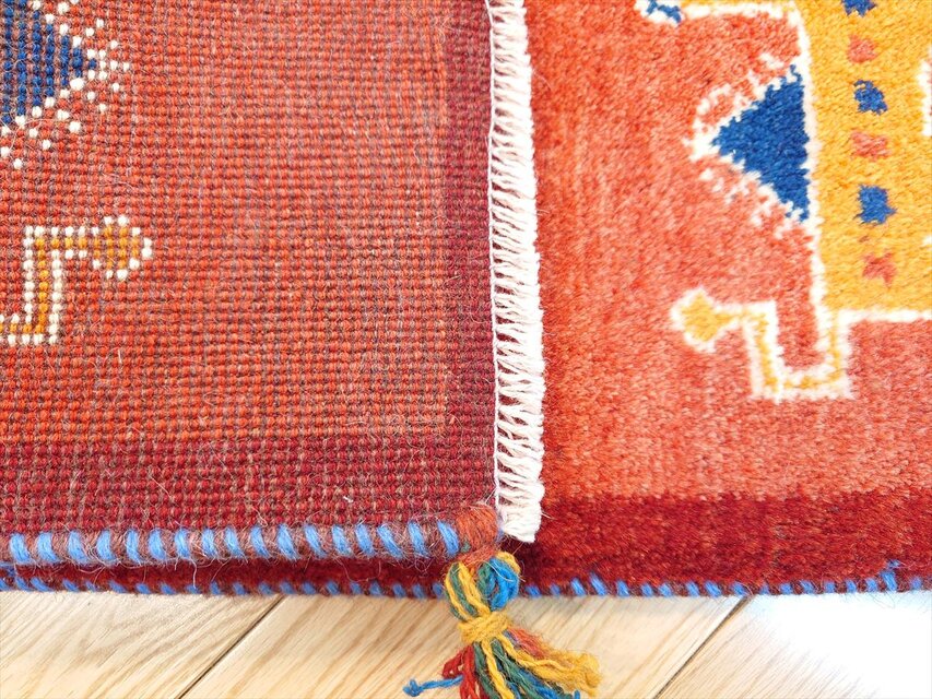 ペルシャ　ギャッベ　ミニランナー　118×40　茜色　タイル　花 ペルシャ ギャッベ ミニランナー 細長いマット ラグ 113x43