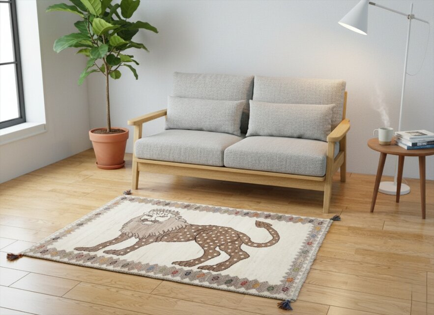 ペルシャ ギャッベ アマレバフト ラグ 124x85㎝ ライオンギャッベ