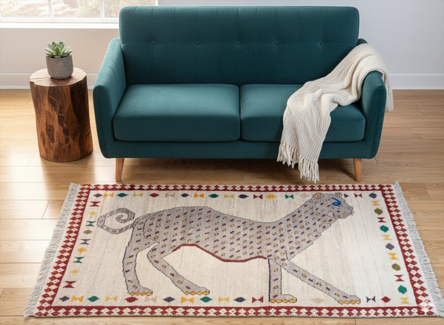 iichi限定目玉品】ペルシャ オールドギャッベ　アマレバフト ラグ　145x80cm　青い目のヒョウ　PS9826