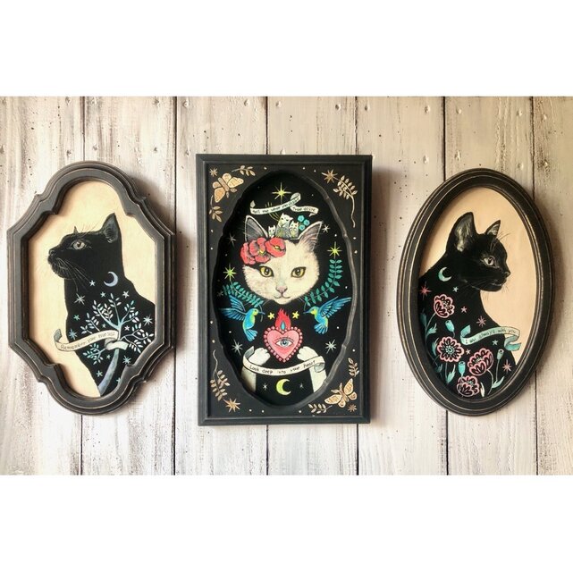 導きの黒猫」額付 アート作品 原画 徳島洋子作品 アクリル画 猫