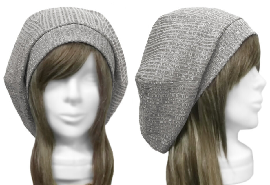 ゆったりルーズ・リブ付ベレー帽◆ランダムリブ織ストレッチコットンニット／杢グレー　◇小顔効果・オールシーズン着用◇