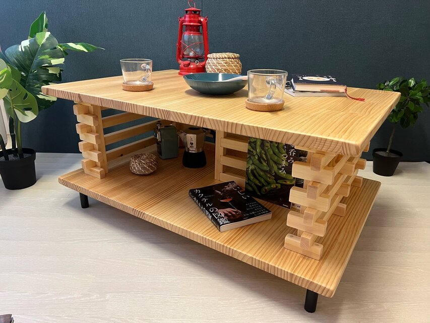 送料無料】 ローテーブル 和風 木組格子形 90cm 60cm パイン