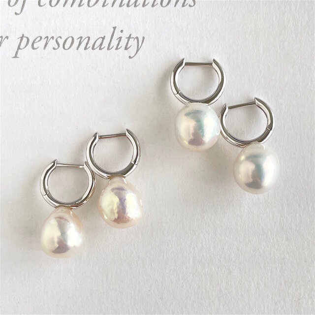 選べる　ぷっくりペアシェイプ型 オーロラカラー 淡水パールのフープピアス シルバーカラー