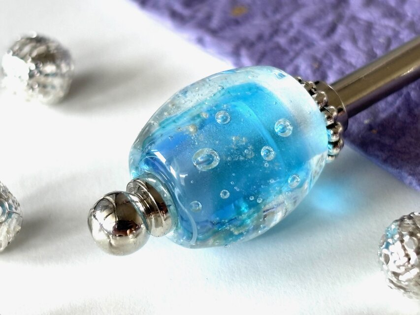 かんざし ラムネソーダの様な水色の泡玉とんぼ玉 一本挿し 一本簪