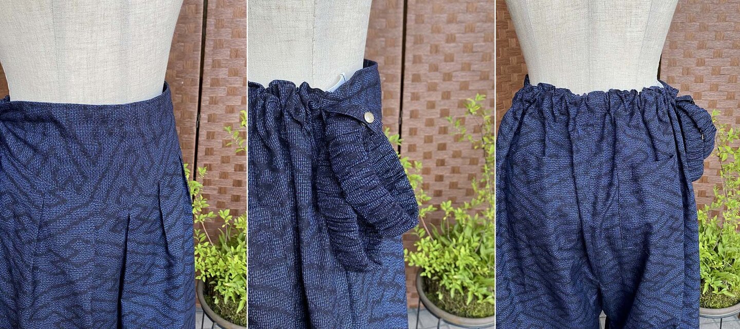 ★着物リメイク★紬★古布★ハンドメイド★光沢ネイビー★ワイドポケット★Aライン 着物リメイク◇濃藍手織り紬のフレンチスリーブAライン