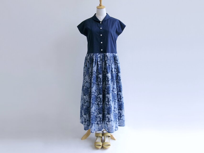 花のワンピース＊Blue Flower Garden(国産コットンキャンブリック×ローン生地)