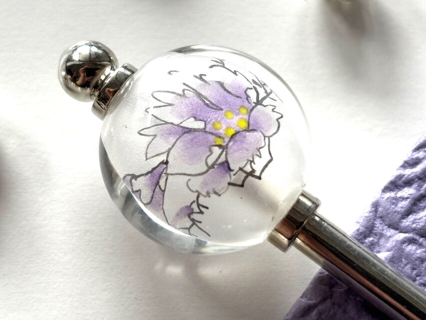 かんざし　紫の牡丹の花の吹きガラスビーズ　冬春　一本簪　一本挿し　涼しげ　パープル　和風　アジアン