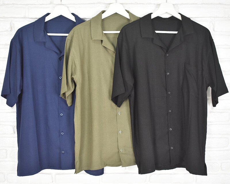 リネンメンズシャツ　オープンカラーシャツ　開襟シャツ　リネンシャツ　ブラック　ネイビー　カーキ