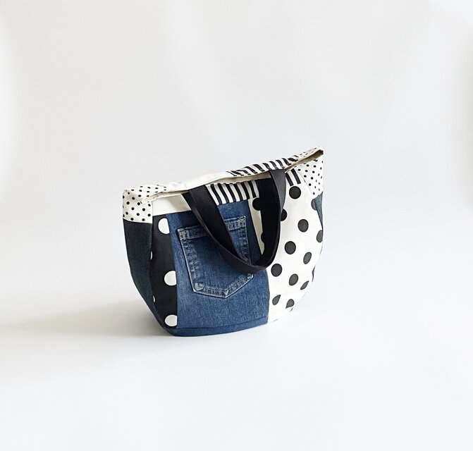 デニムパッチワークバッグ キナリ 水玉 ドット モノトーン A4