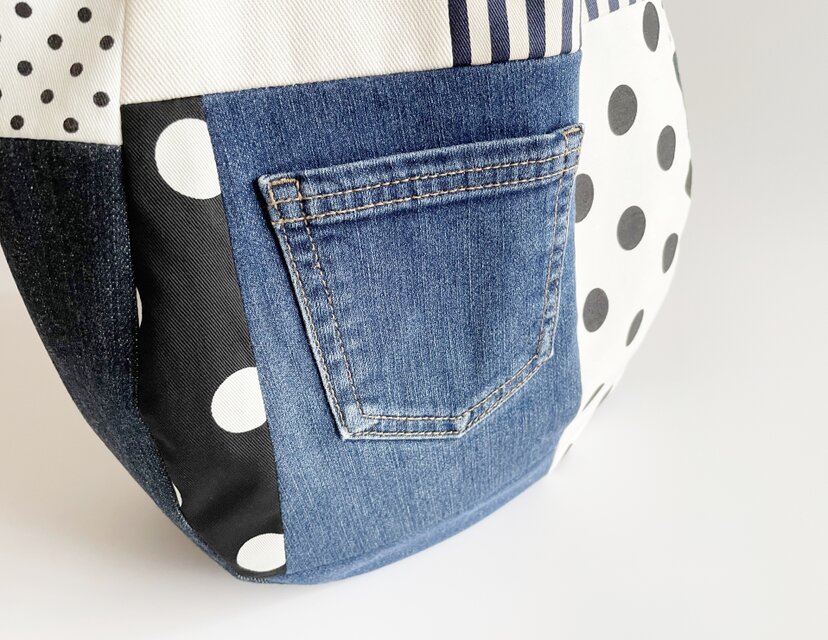 デニムパッチワークバッグ キナリ 水玉 ドット モノトーン A4 | iichi
