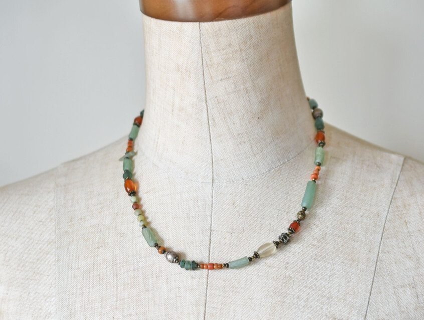 ローマンガラス　アンティークビーズネックレス ターコイズブルー古代ローマングラス ネックレス とんぼ玉