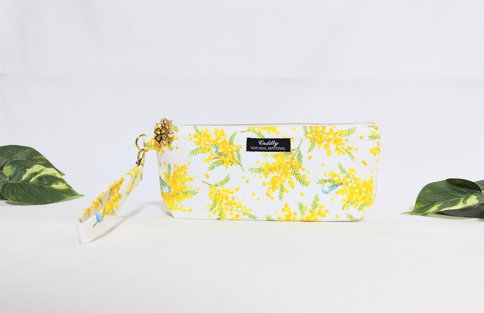 ミモザと青い小鳥の持ち手付きペンケース