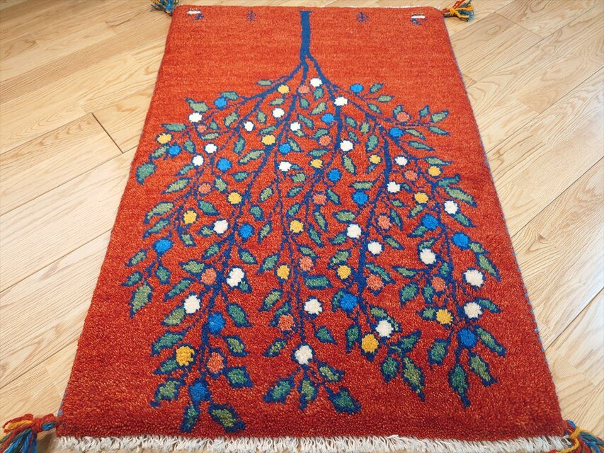 ペルシャ ギャッベ 玄関マット ラグ 88x60cm 茜色 椿のような生命の木