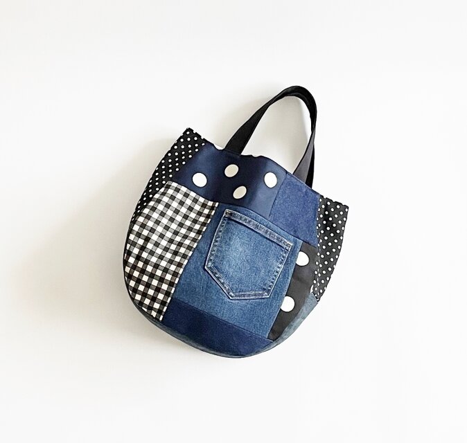デニムパッチワークバッグ キナリ チェック ドット モノトーン A4