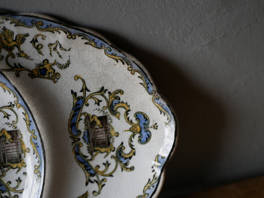 フランスアンティーク Gien ジアン フォンドブルー ルネッサンス プレート フランスアンティーク Gien ジアン フォンドブルー ルネッサンス