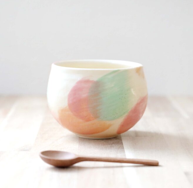 色化粧 刷毛目模様のお湯のみ ＊ 春色 ＊ ５
