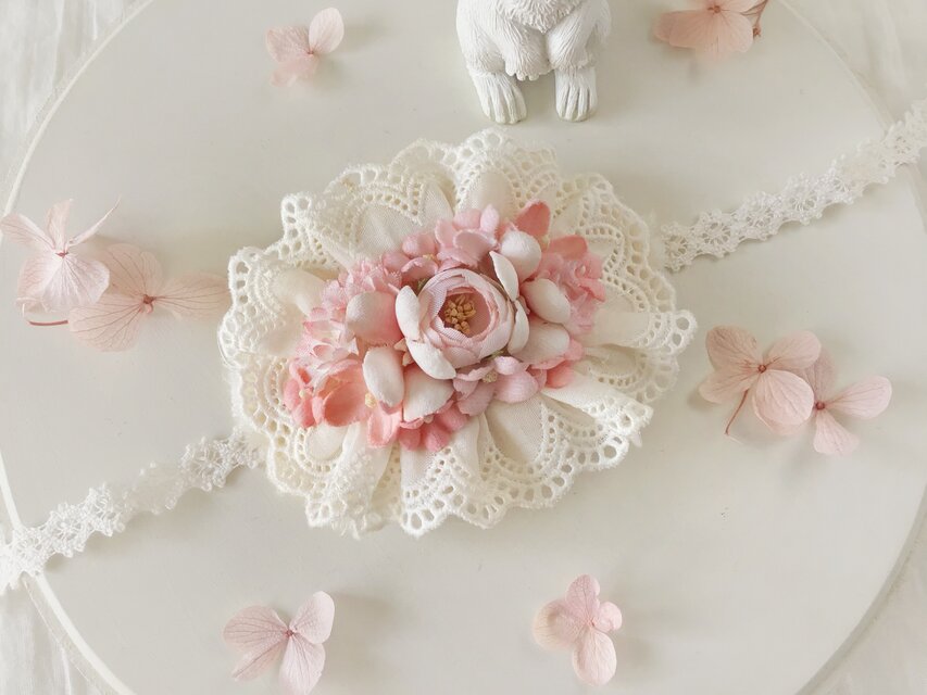 ドール用レースと染め花のスモールヘッドドレス(MLフリー・小バラ・ピンク)