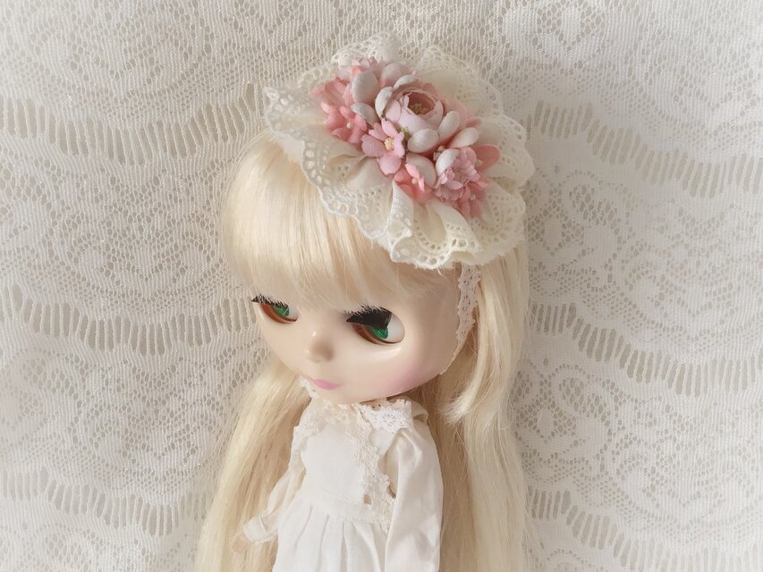 ドール用レースと染め花のスモールヘッドドレス(MLフリー・小バラ