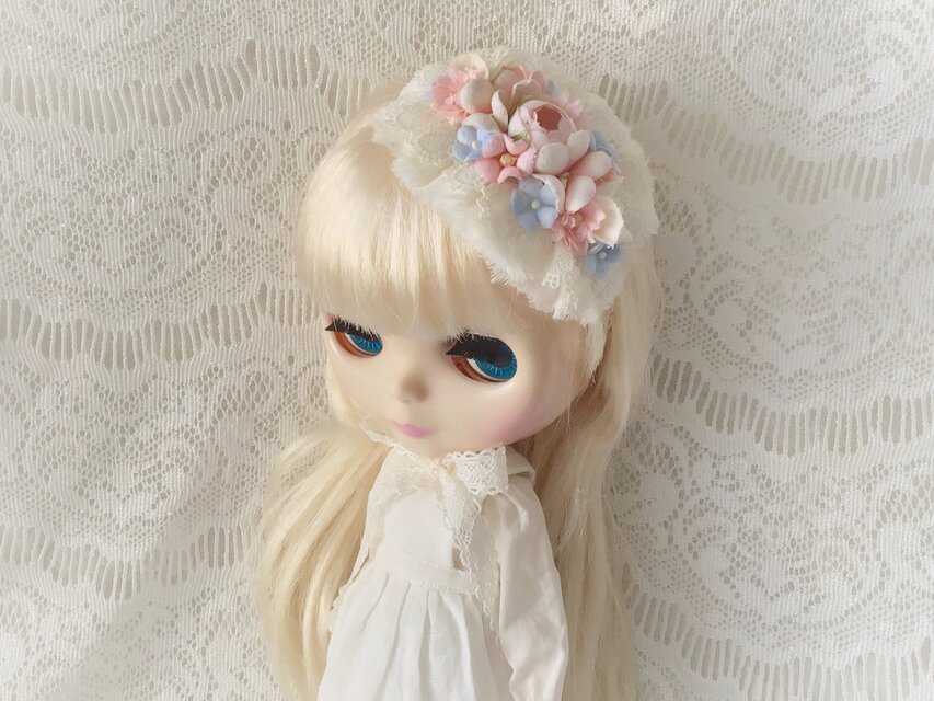 ドール用レースと染め花のスモールヘッドドレス(MLフリー・小バラ