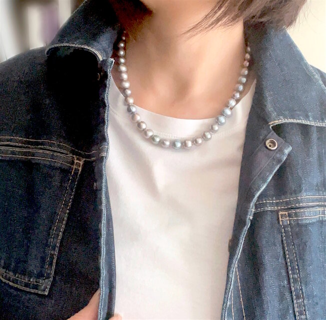 淡水バロックパールのチョーカー；オールノット ゴールドブロンズバロック艶々淡水パールチョーカー オール