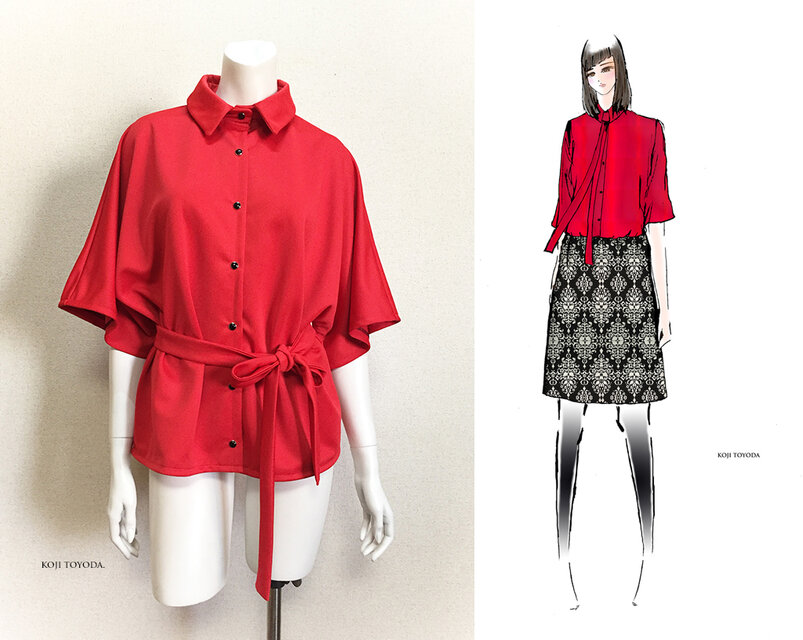 【1点もの・デザイン画付き】タイ付きゆったり着物袖ドットクールニット赤ブラウス（KOJI TOYODA）